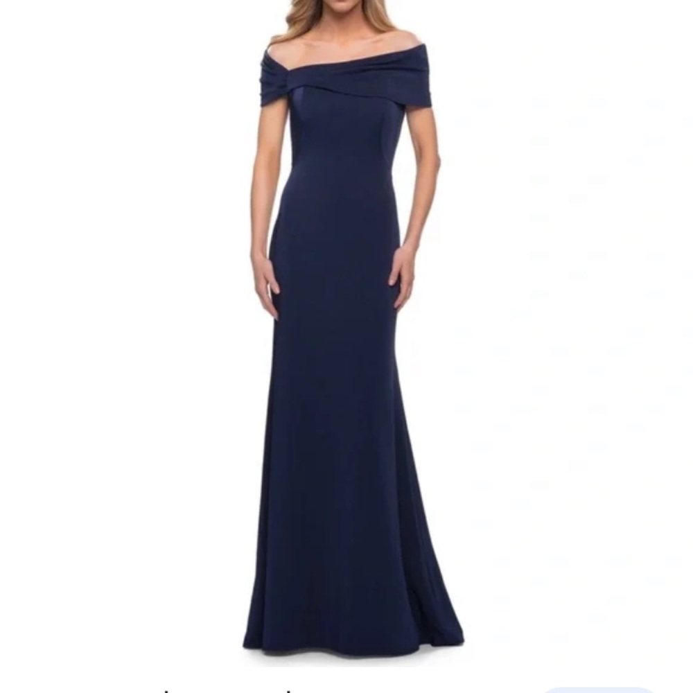 La Femme Navy Off-Shoulder Mermaid Maxi Dress